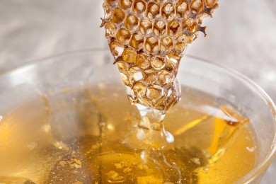 Glass honey pot and honey comb